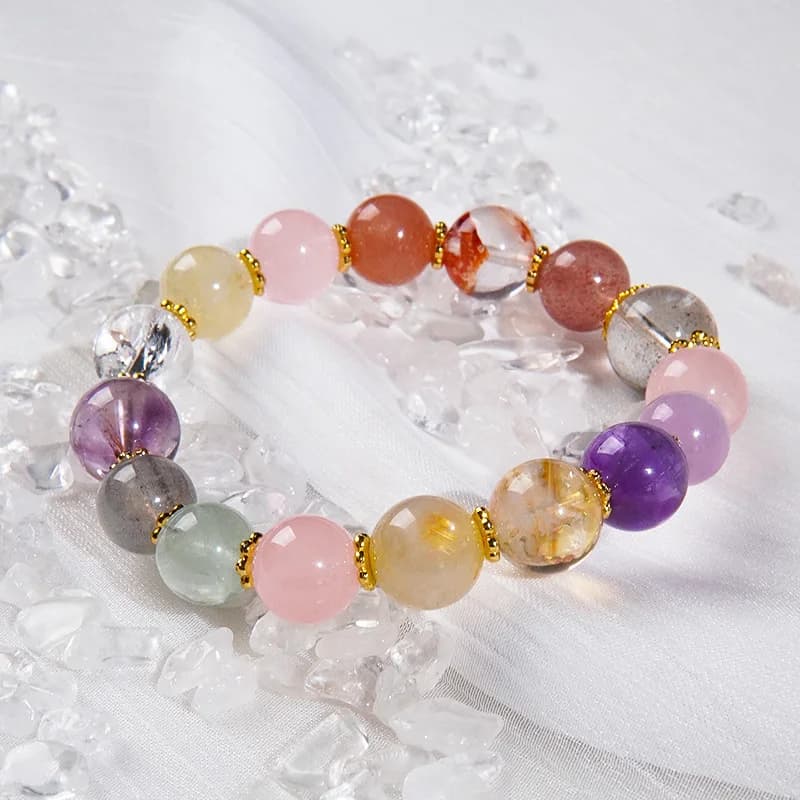 Bracciale con perline di quarzo rutilato dorato con ametista naturale multi-gemma, perline rotonde colorate di fascia alta Je