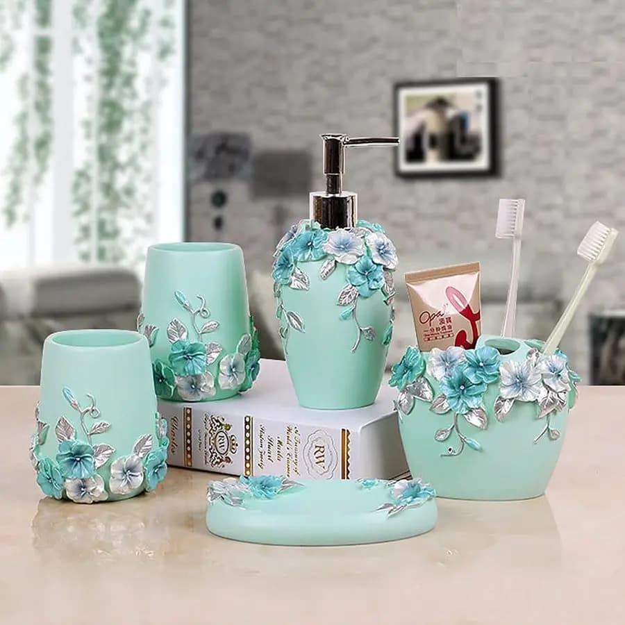 Set di Accessori Bagno Vintage Rosa, 5 Pezzi, Include Dispenser Sapone, Porta Spazzolino, Tu