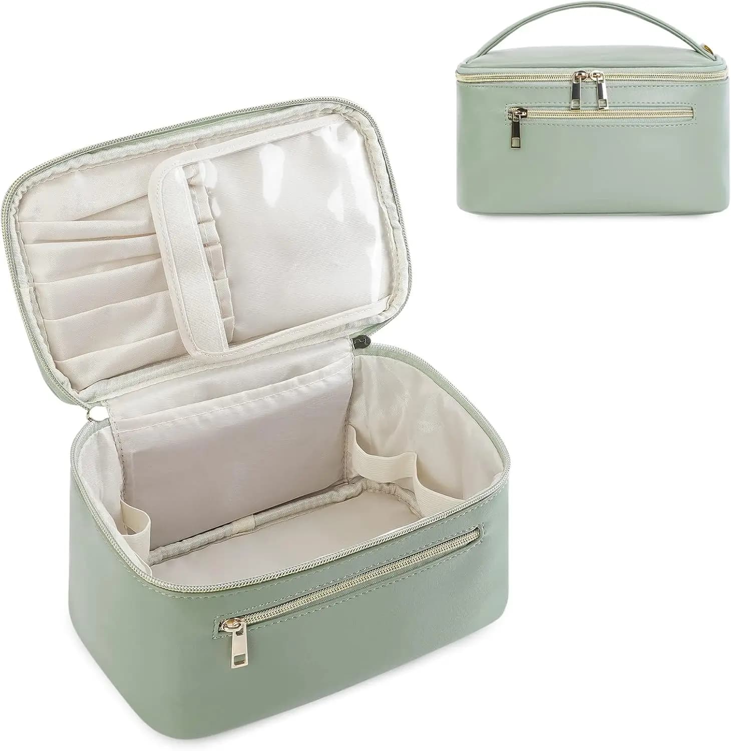Borsa per il Trucco in Pelle Vegana Verde Salvia, Organizer da Viaggio per Pennelli Cosmetici ed Essenziali, Custodia Portatile per Donne