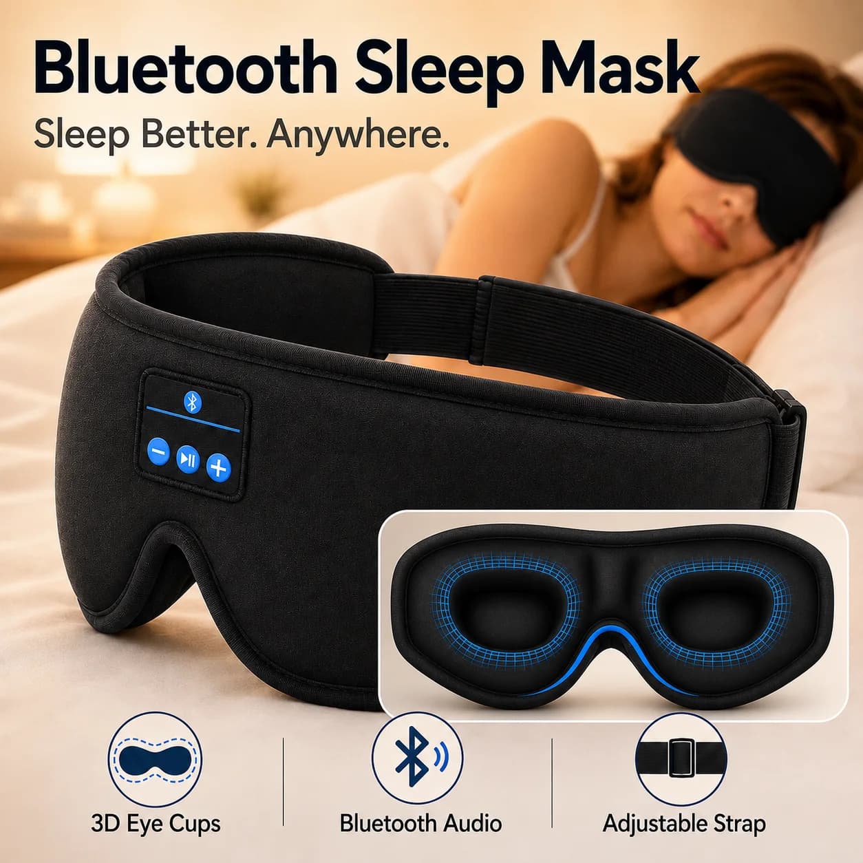 Maschera per Dormire con Cuffie Wireless, Maschera 3D Sagomata per Bloccare la Luce con Microfono per Chi Dorme di Lato, Maschera per Dormire Bluetooth 5.0