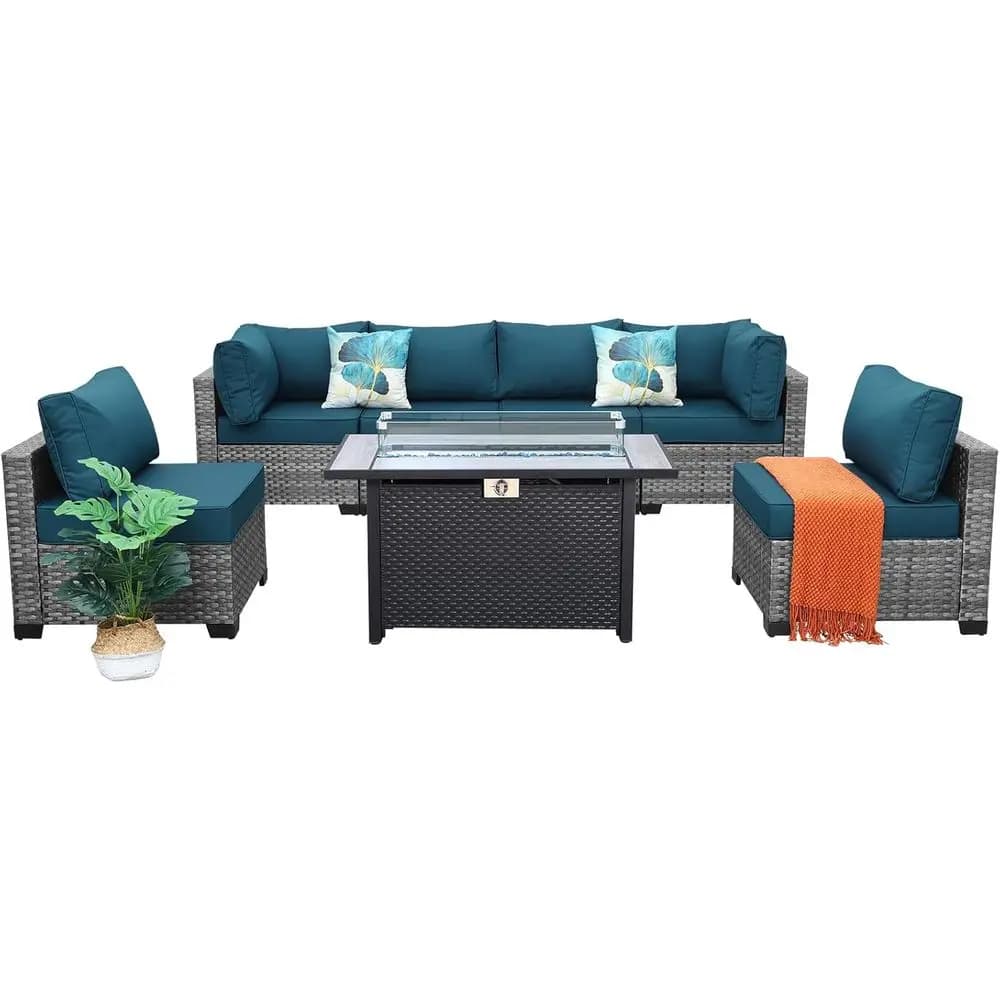 Set di Mobili da Esterno in Vimini a 7 Pezzi con Divano Sezionale in Rattan, Tavolo con Braciere, Cuscini e Copertura in Blu Pavone