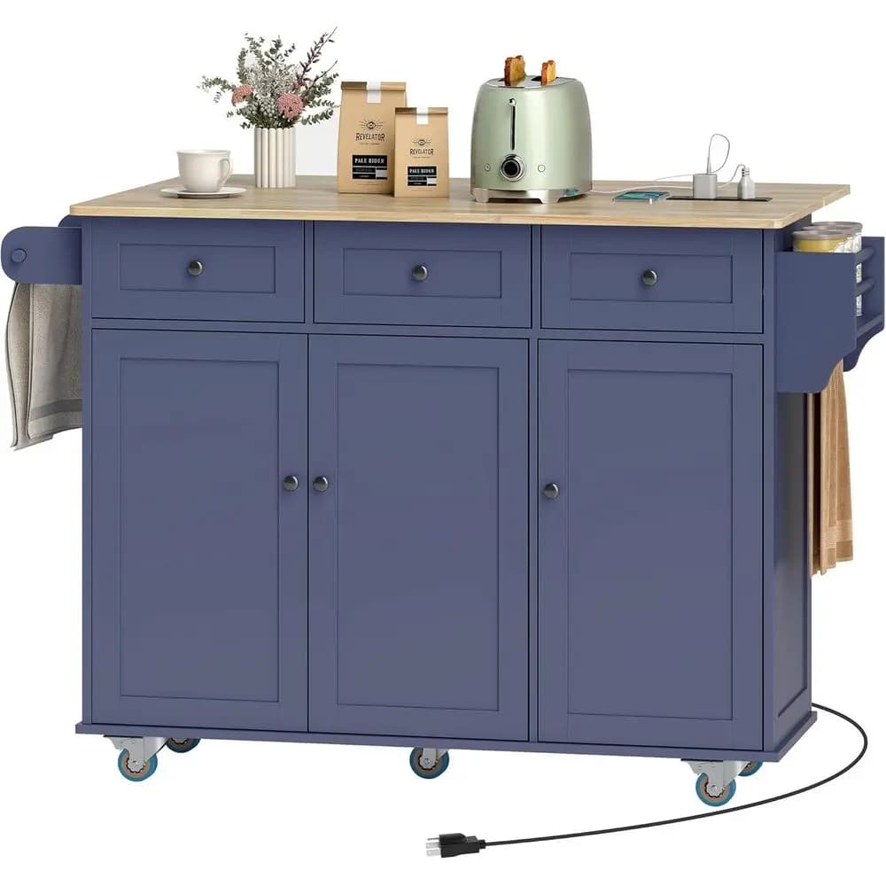 Isola da Cucina con Piano Ribaltabile, Presa di Corrente, Carrello Portaoggetti su Ruote, Tavolo in Legno Massello su Ruote, 3 Cassetti, Portasciugamani, Portaspezie
