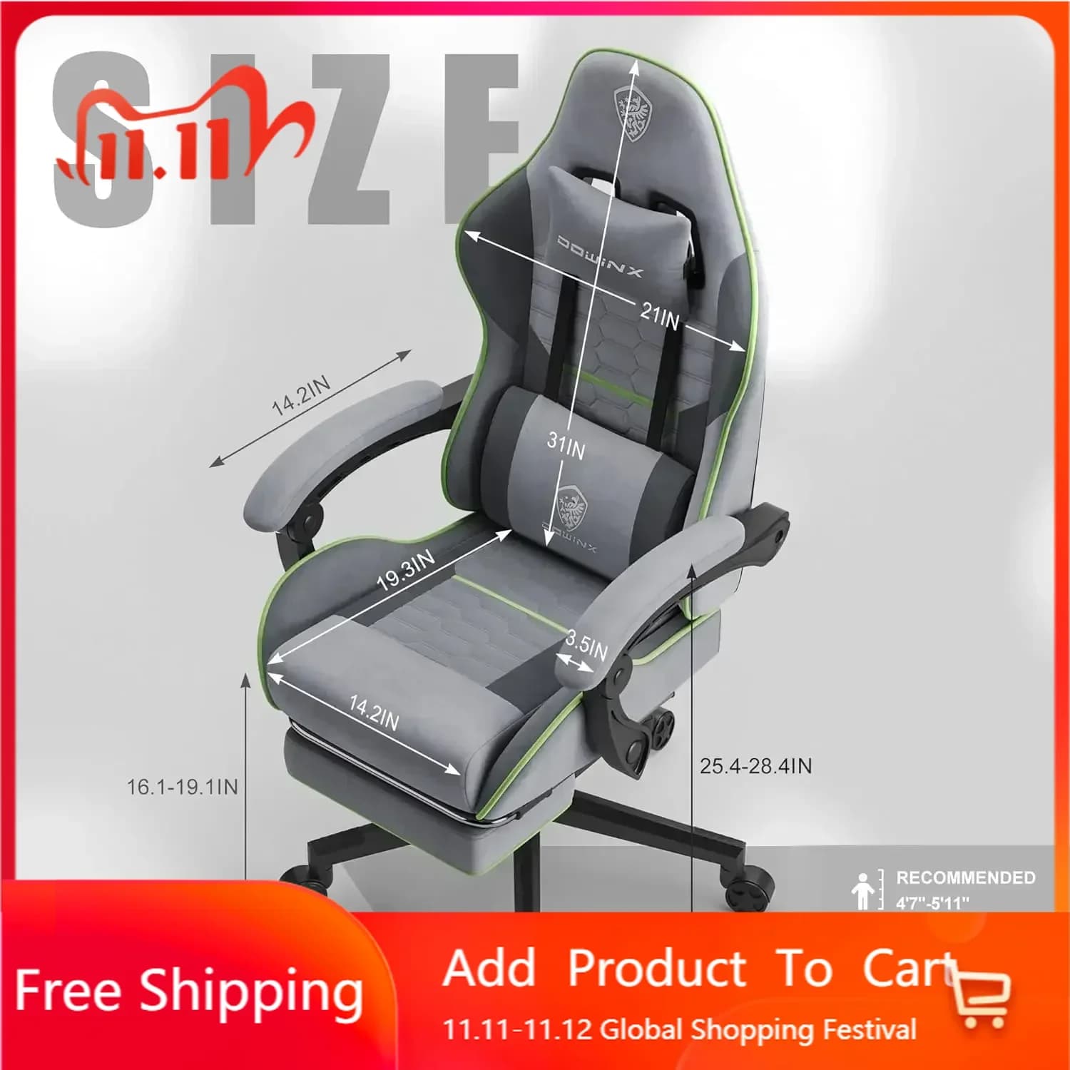 Sedia da Gaming in Tessuto con Cuscino a Molle Insacchettate, Sedia da Gioco con Massaggio e Poggiatesta, Sedia Ergonomica per Computer, Grigio Chiaro