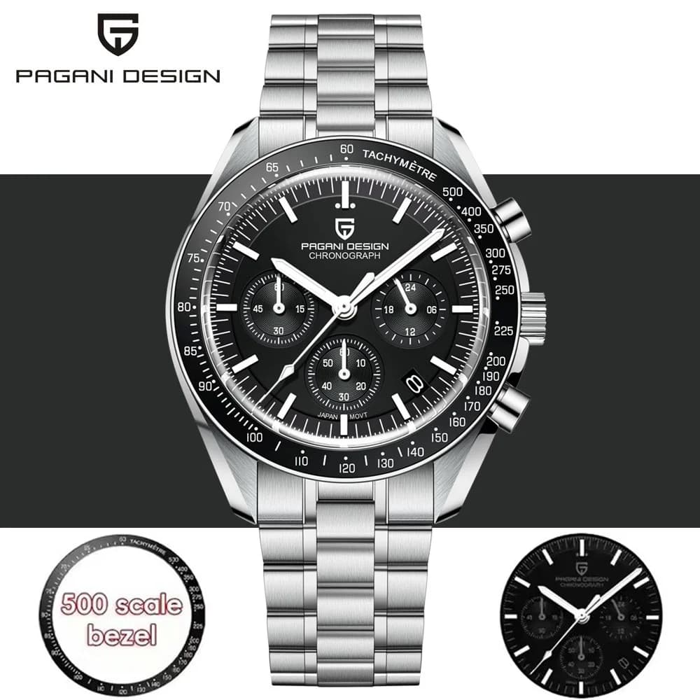 PAGANI DESIGN 500 luxury men's watch with sports chronograph, dial with speedometer, AR sapphire crystal, Japanese movement, 316L steel case, bright.