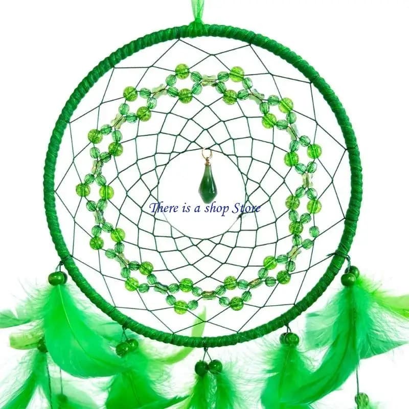 D0AD Handmade Green Beads Dream Catchers Feathering Bedroom Wall Pendant Dreamcatchers