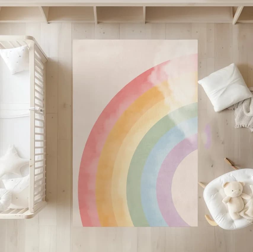 Tappeto per Cameretta con Arcobaleno ad Acquerello, Morbido e Antiscivolo, Area Giochi per Bambini, Decorazione Moderna Colorata per Soggiorno, Camera da Letto, Casa