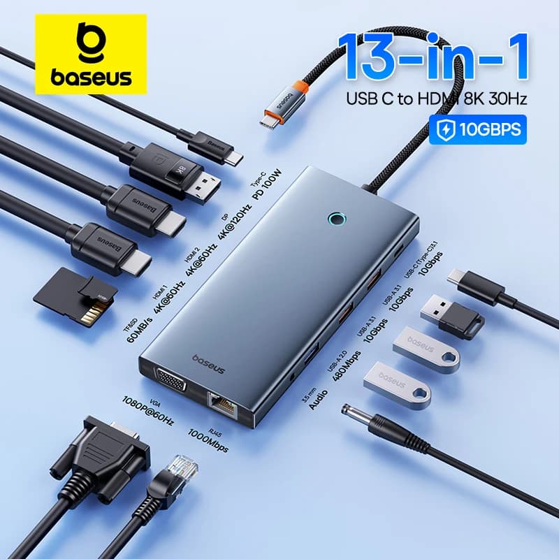 Baseus USB C Hub Type C to HDMI Adapter HUB USB 13-in-1 DP 4K 60Hz 120Hz RJ45 Converter VGA PD 100W USB A 3.1 2.0 For MacBook PC