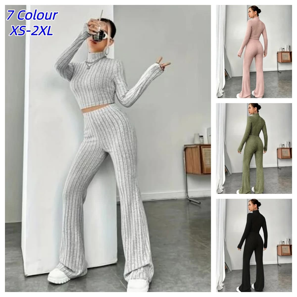 Women's Matching Knitted 2 Piece Bodycon Suit Women Tracksuit Long Sleeve Vintage Crop Top Flare Pants Sets Y2k Stretch Outfits