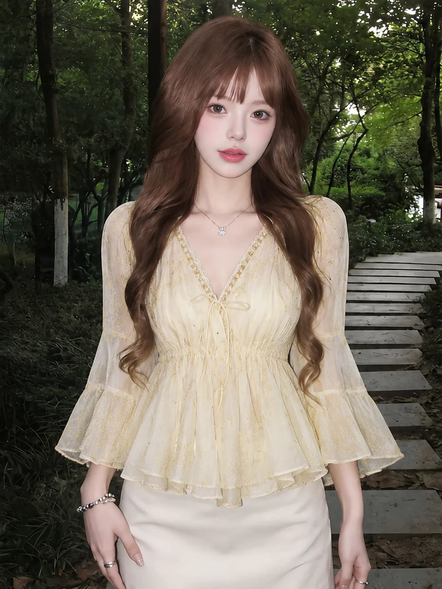 Elegant Yellow Atmosphere Shirt Women's Early Cold Fairy Style Loose Fit Long Sleeve V Neck Tunic Top French Style Lace Snowf...