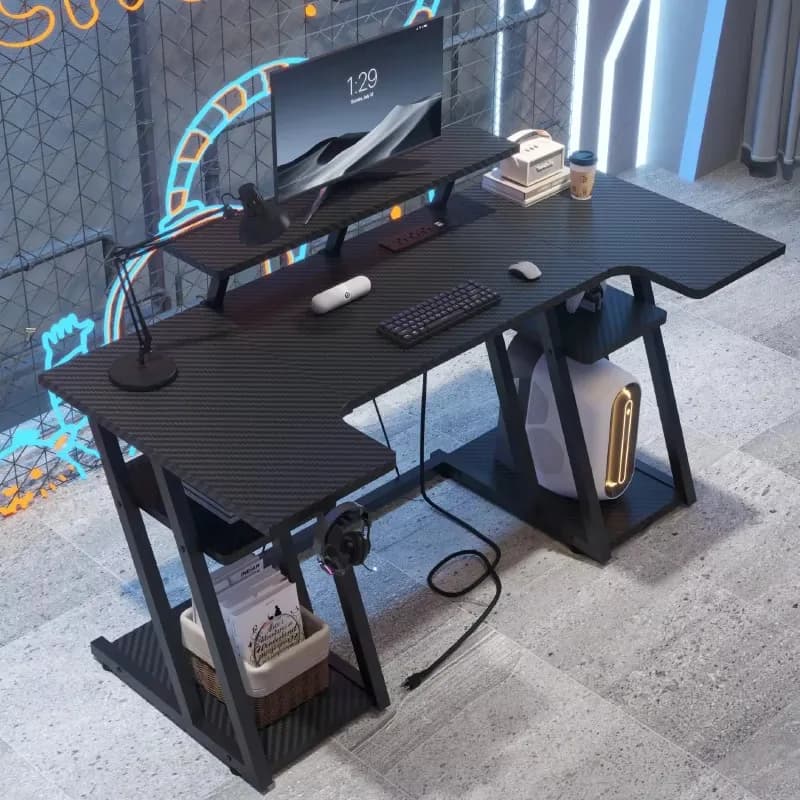 Scrivania Moderna a U con Presa di Corrente e Luce LED, Postazione di Lavoro per Casa e Ufficio, Scrivania per Studio e Gaming PC con Ripiani Portaoggetti