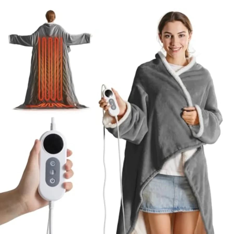 Coperta Elettrica Riscaldabile con 10 Impostazioni di Calore e Timer 12 Ore, Coperta Indossabile in Sherpa con Tasca per i Piedi e Maniche, 50 Pollici x