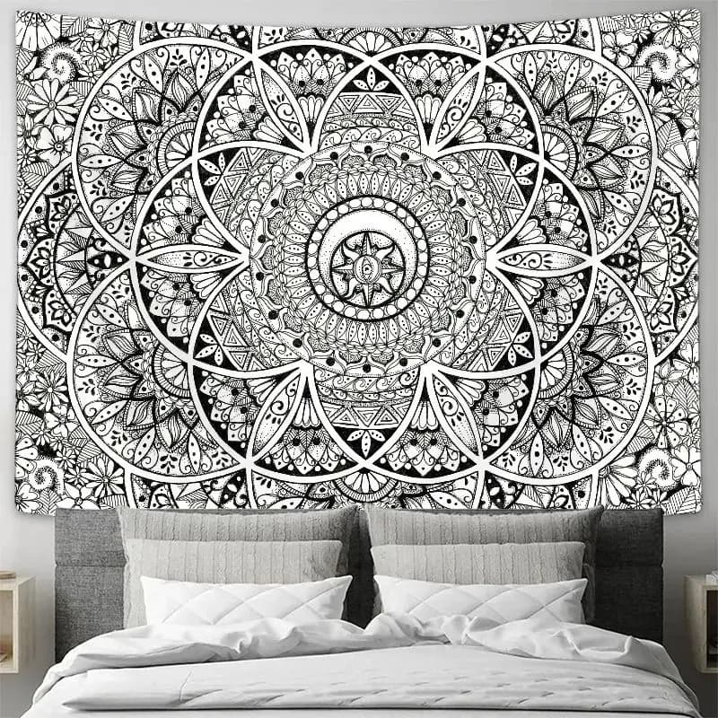 VIKAMA Black White Mandala Tapestry Wall Hanging Bohemian Decor Bedroom Living Room Art