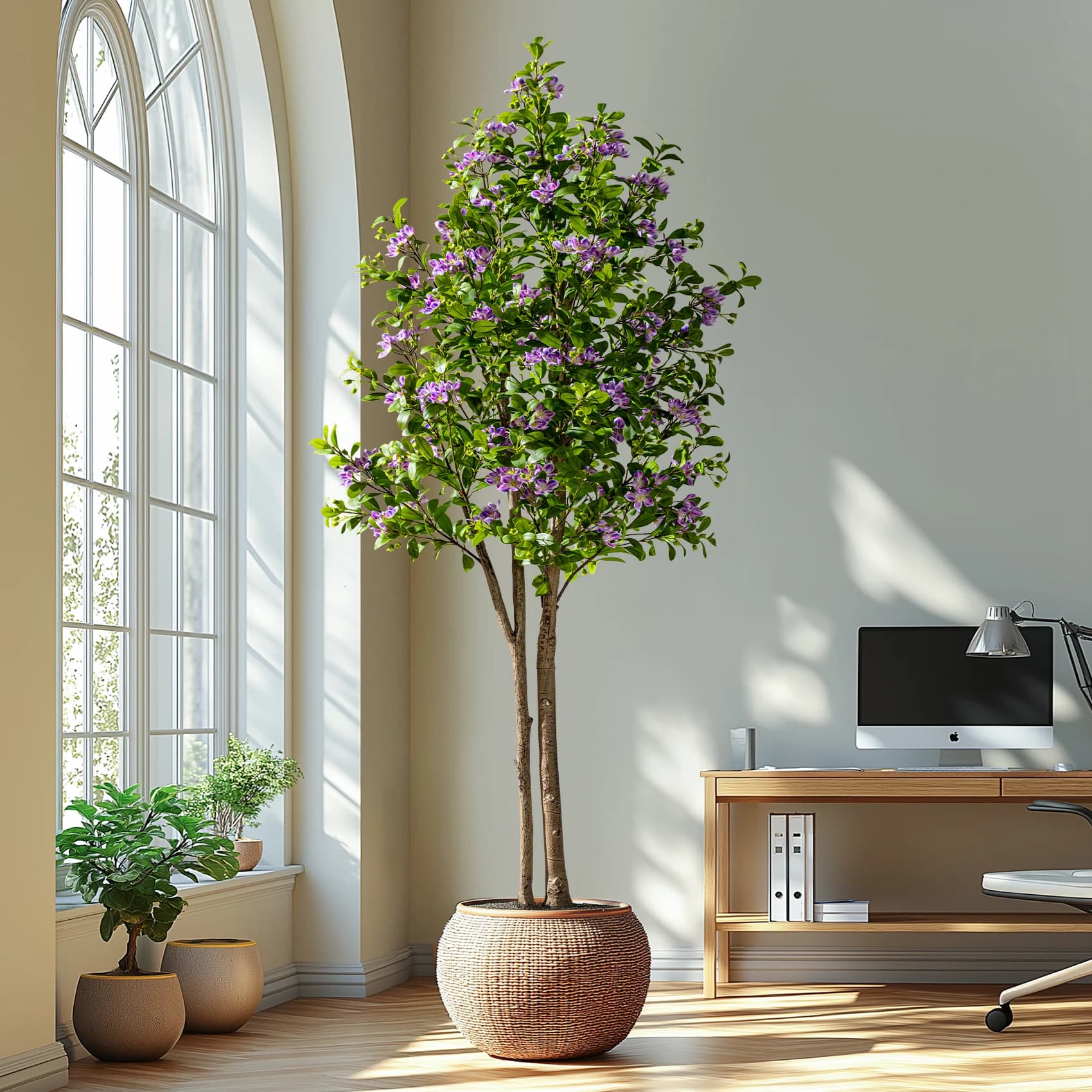 Black Jar Mirto Peach Flower Copper Bosso Artificial Tree Plastic Green and Plants for Home or Office Furniture