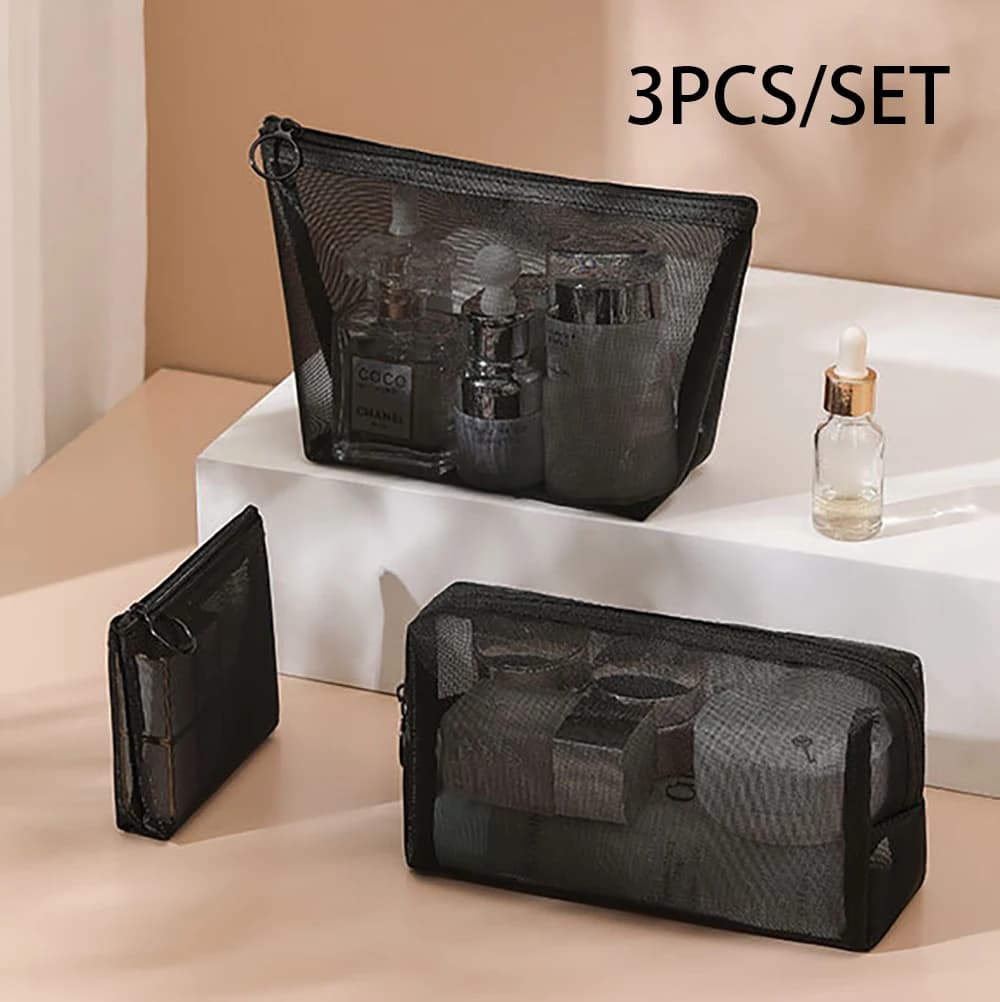 Borse da toilette in rete nera per donna Borsa da trucco da viaggio Piccola custodia grande Organizzatore Custodie per cosmetici Custodia per borsa da toilette