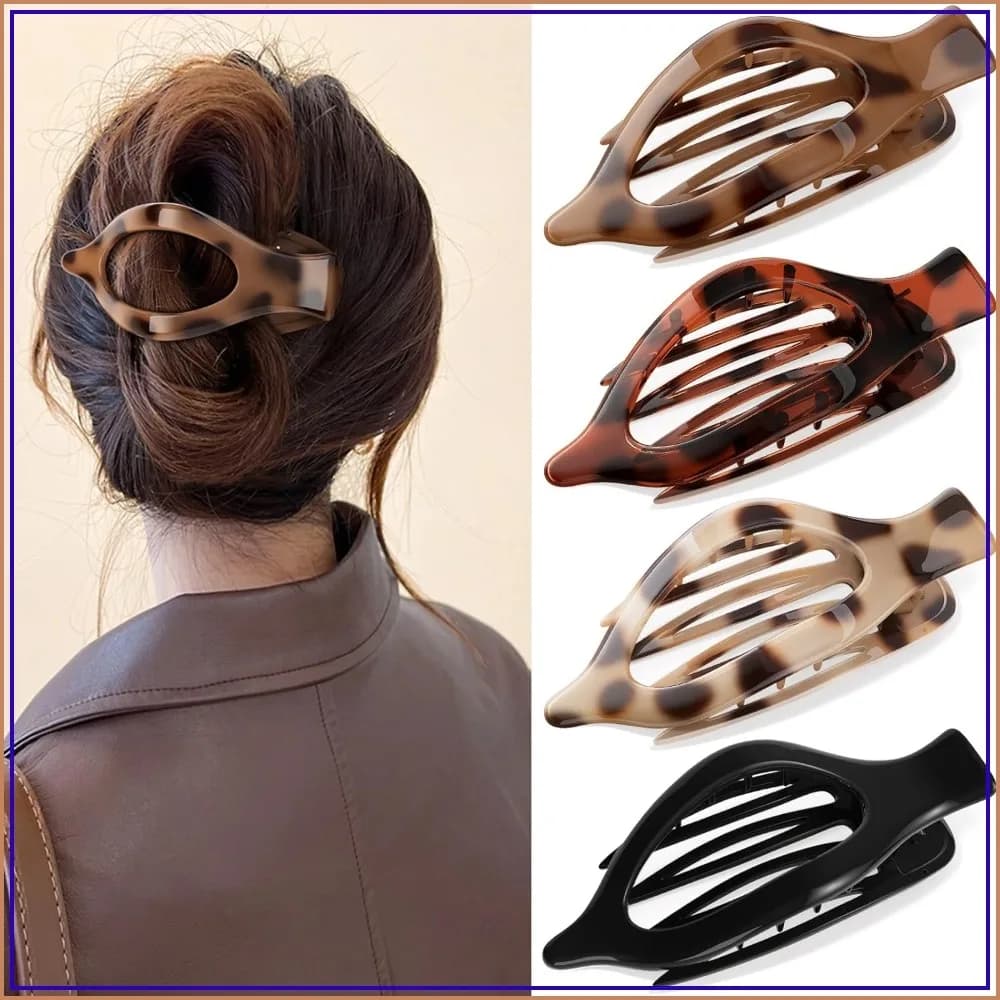 4 PCS Large Flat Hair Clips for Women, French Concord Lay Down Claw Clips for Thick Thin Hair, Comfortable Curved Flat Clip, Leopard Print Strong Hold Hair Accessories