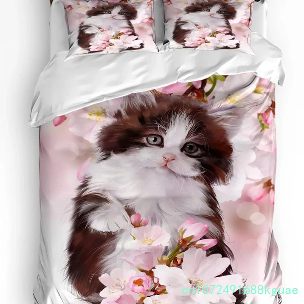 Pet Cat Cute Pink Carnation Flowers 3pcs Bedding Set For Bedroom Double Bed Home Textile Duvet Cover Quilt Cover Pillowcase
