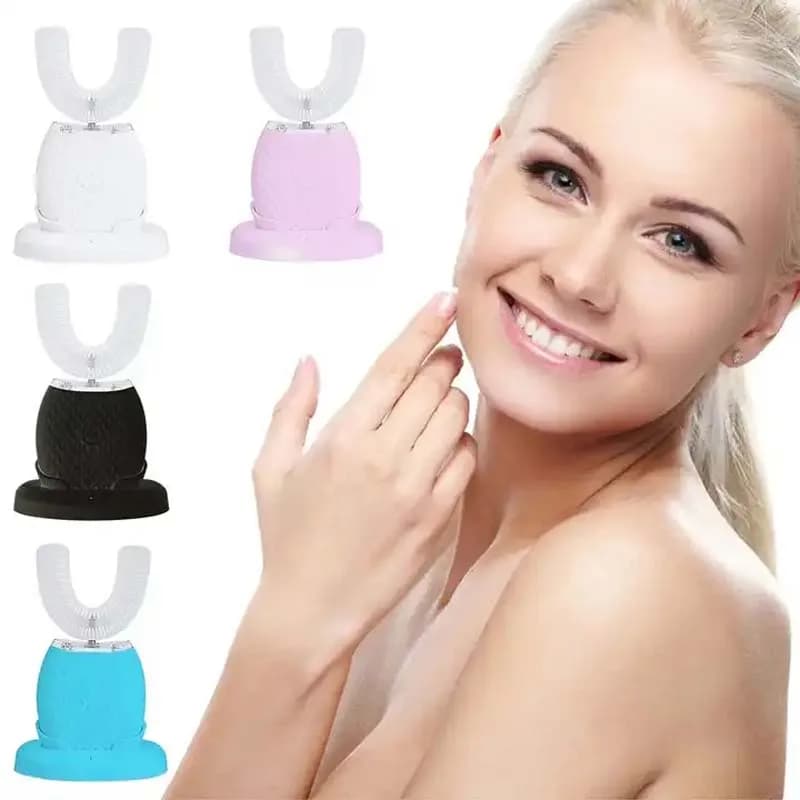 U Shape Electric Silicone Brush, 360 Grade Automatic Cleaning, Cold Blue Light Brush for Tooth Whitening