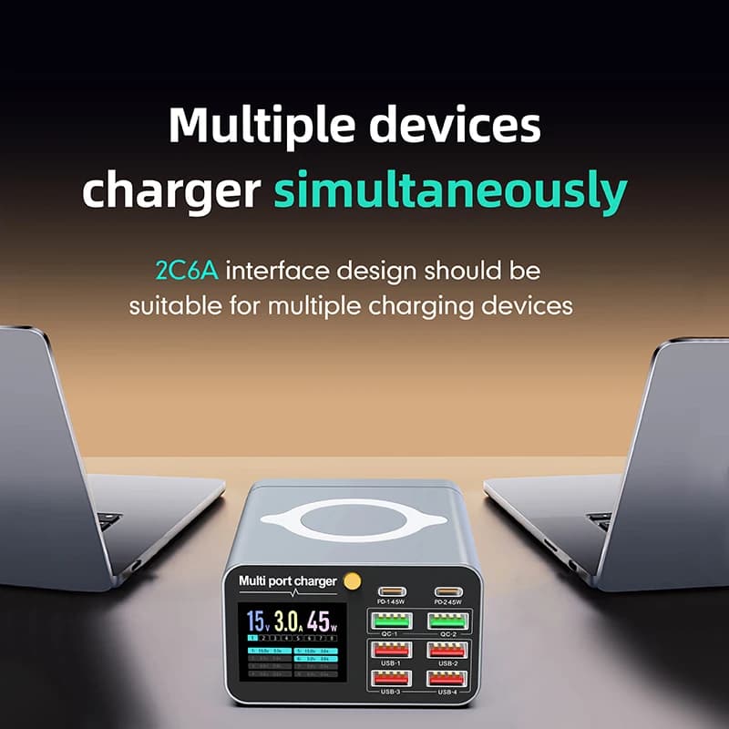 80W/120W Multi-Port USB C Charger Station with Wireless PD QC3.0 Digital Display for Laptop Tablet Phone Charging
