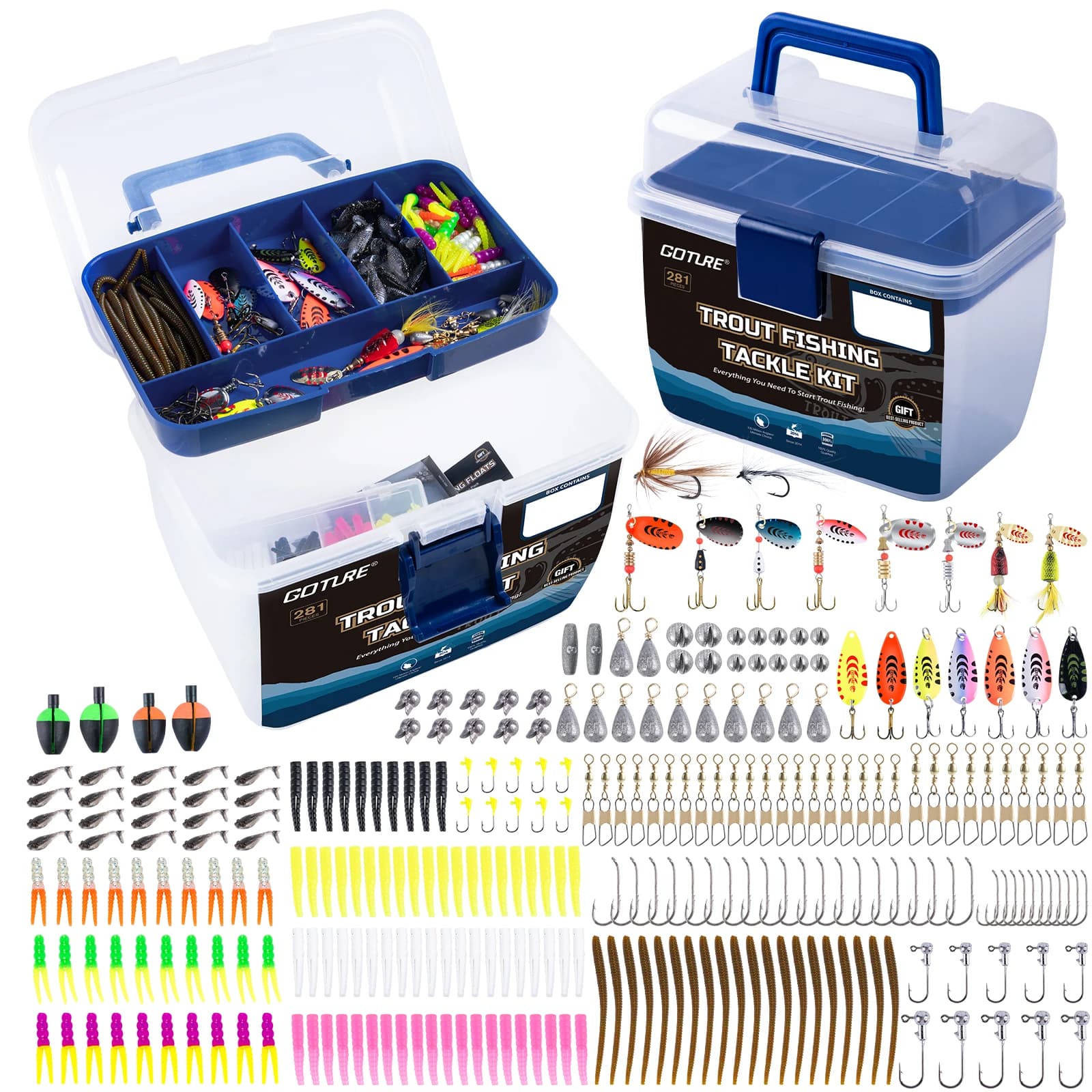 Goture Fishing equipment box with equipment included 209-281 pieces Trout fishing bait kit with removable compartments Portable fishing equipment