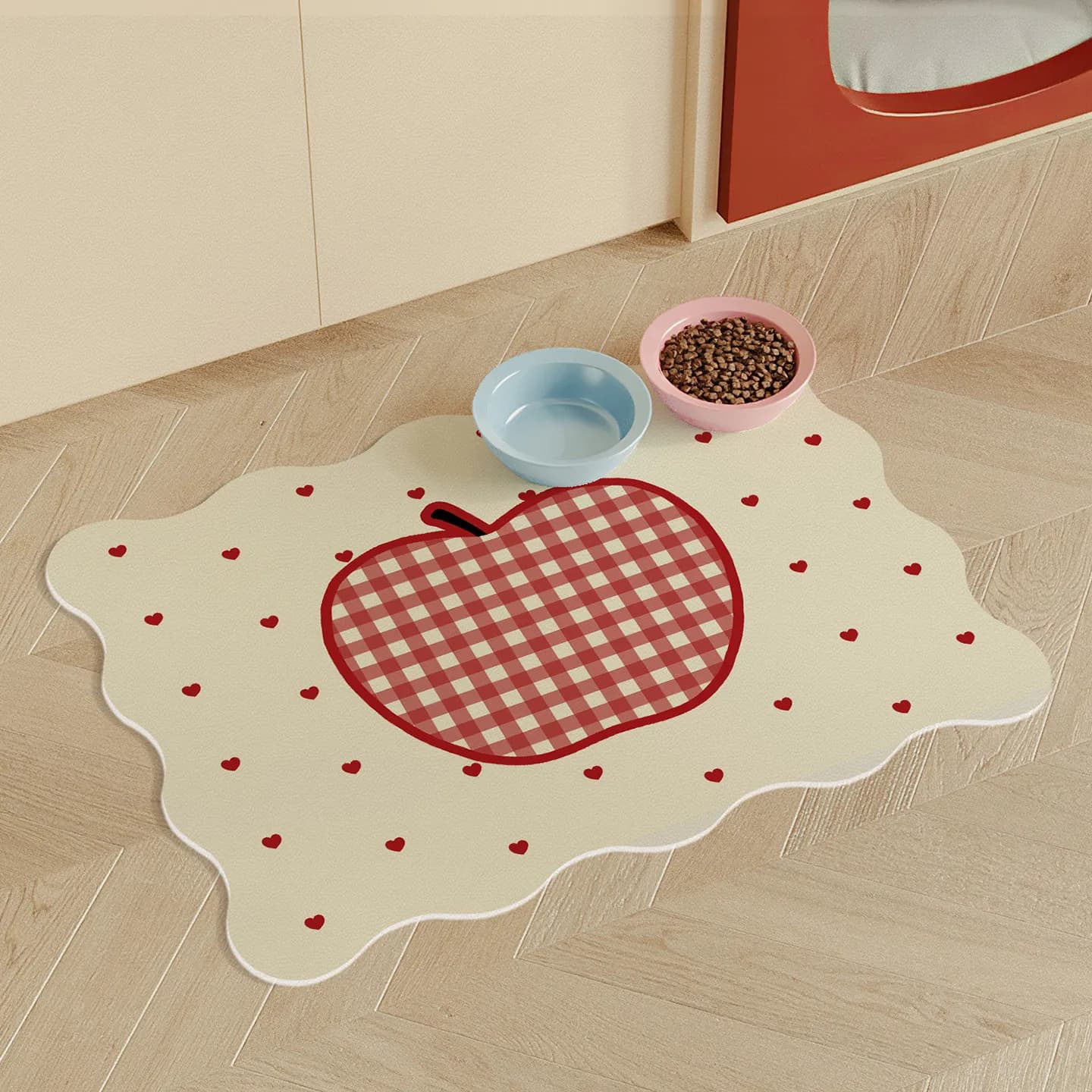 VIKAMA Red Apple Plaid Print Pet Feeding Mat Waterproof Anti-Slip Food Mat for Cat Dog Bowl Non Slip
