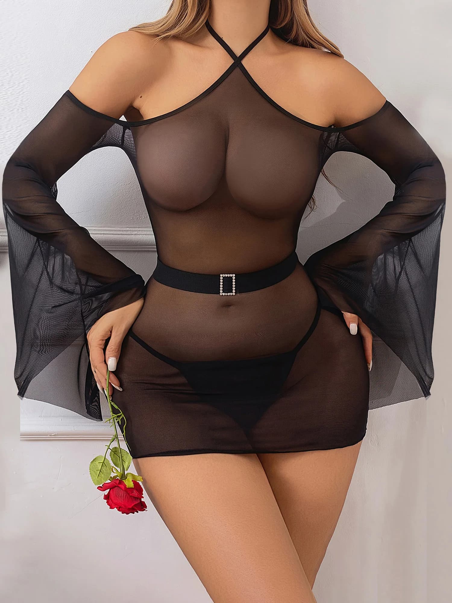 Set of sexy lingerie in lace Babydoll dress in transparent mesh with red American neckline with thong set of 2 pieces for women