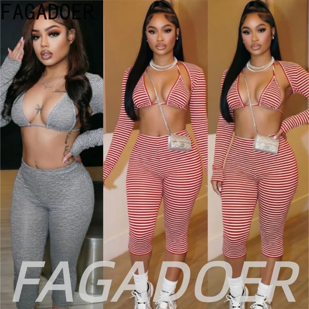 FAGADOER Fashion Striped Patchwork Shorts 3 Piece Outfits Sexy Bikini Lace-up Halter Top Long Sleeves Shrug Bodycon Shorts Sets