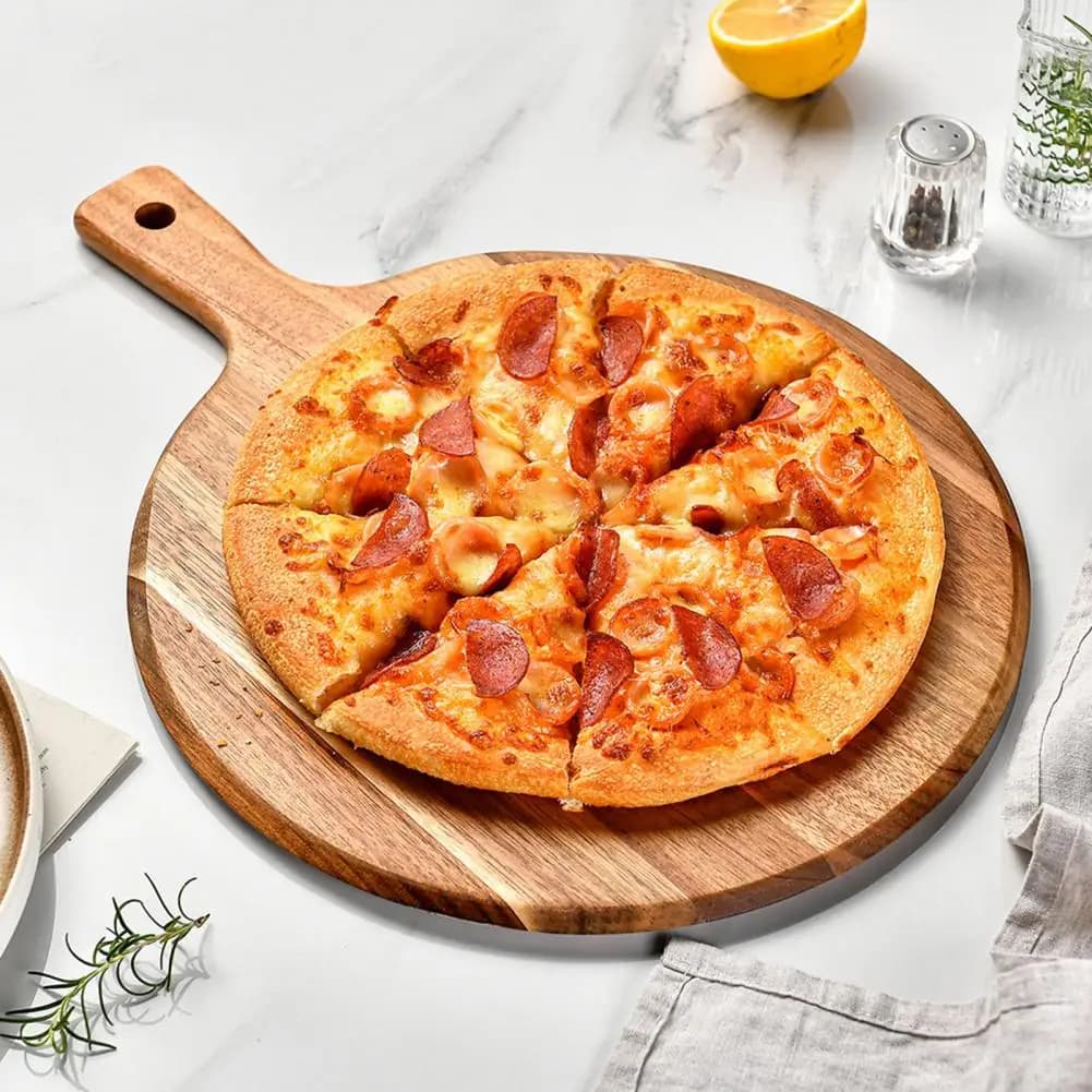 Teglia per pizza in legno massello Teglia per pizza rotonda in legno con manico lungo per tagliare servire multifunzionale per verdure per bistecche