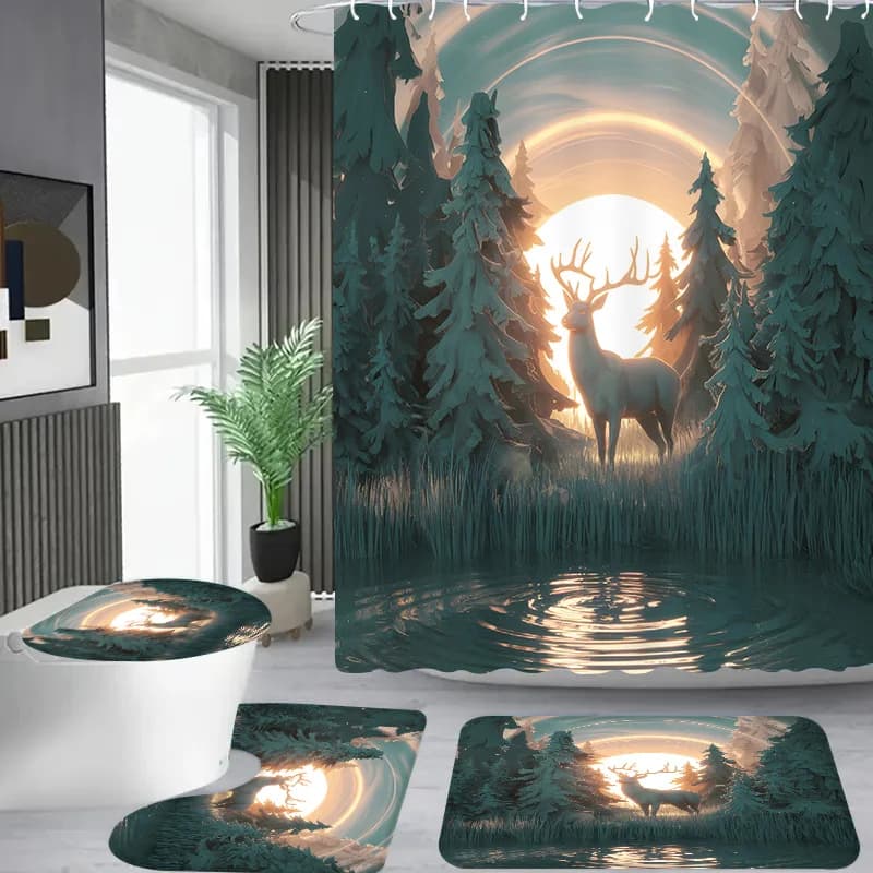 4 pezzi modello tramonto foresta e cervo, bagno dell'appartamento, tenda da doccia per doccia, set di tende da doccia per hotel, con 12 ganci