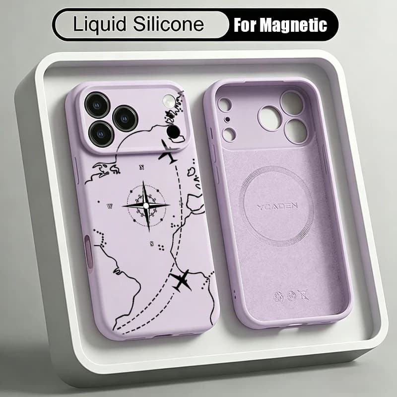 Airplane Route Map Pattern Liquid Silicone Magnetic Phone Case For iPhone 17 16 15 14 13 Pro Max 17 For Magsafe Shockproof Cover