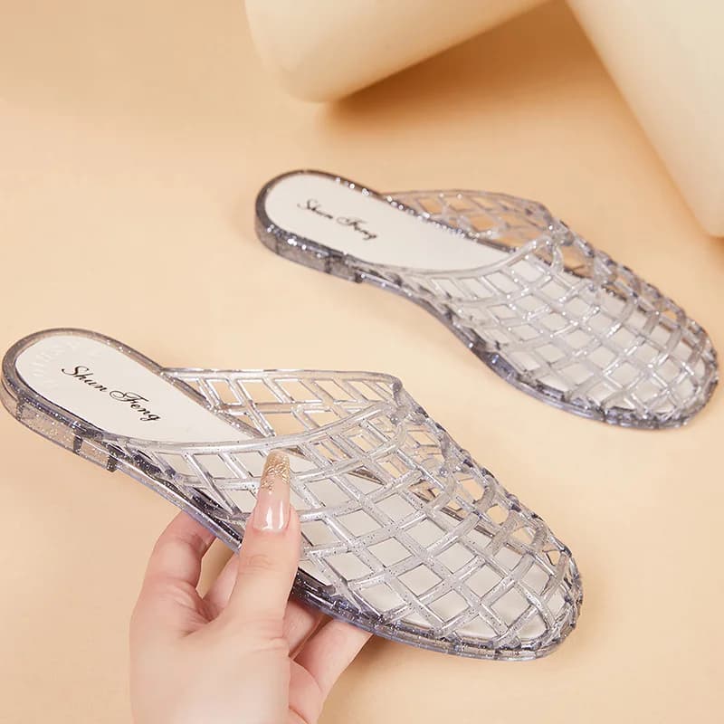 Women's New Flat Sandals with Hollow Transparent Color Mesh Jelly Shoes Woman Daily Walking Flats Plus Size 41 Soft PVC Footwear