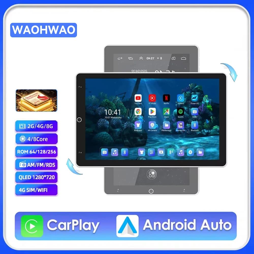 Autoradio Universale Doppio 2Din 10.1 Pollici con Carplay, Android 15, Lettore Multimediale, Rotazione Automatica a 90 Gradi