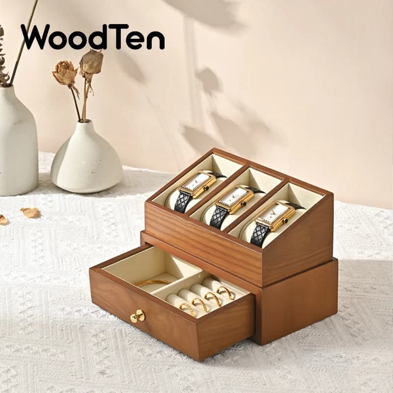 WoodTen 3 Grids Wood Watch Box Double-layer Watch Jewelry Organizer Wrist Watch Storage Box Dust-proof Cover Jewelry Watches Box