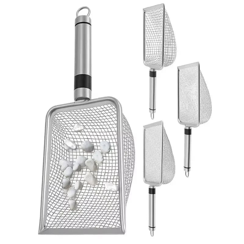 Set di 4 Setacci per Giardinaggio in Acciaio Inox, Pala per Lettiera per Gatti, Setaccio Portatile per Terreno, Rocce e Sporcizia