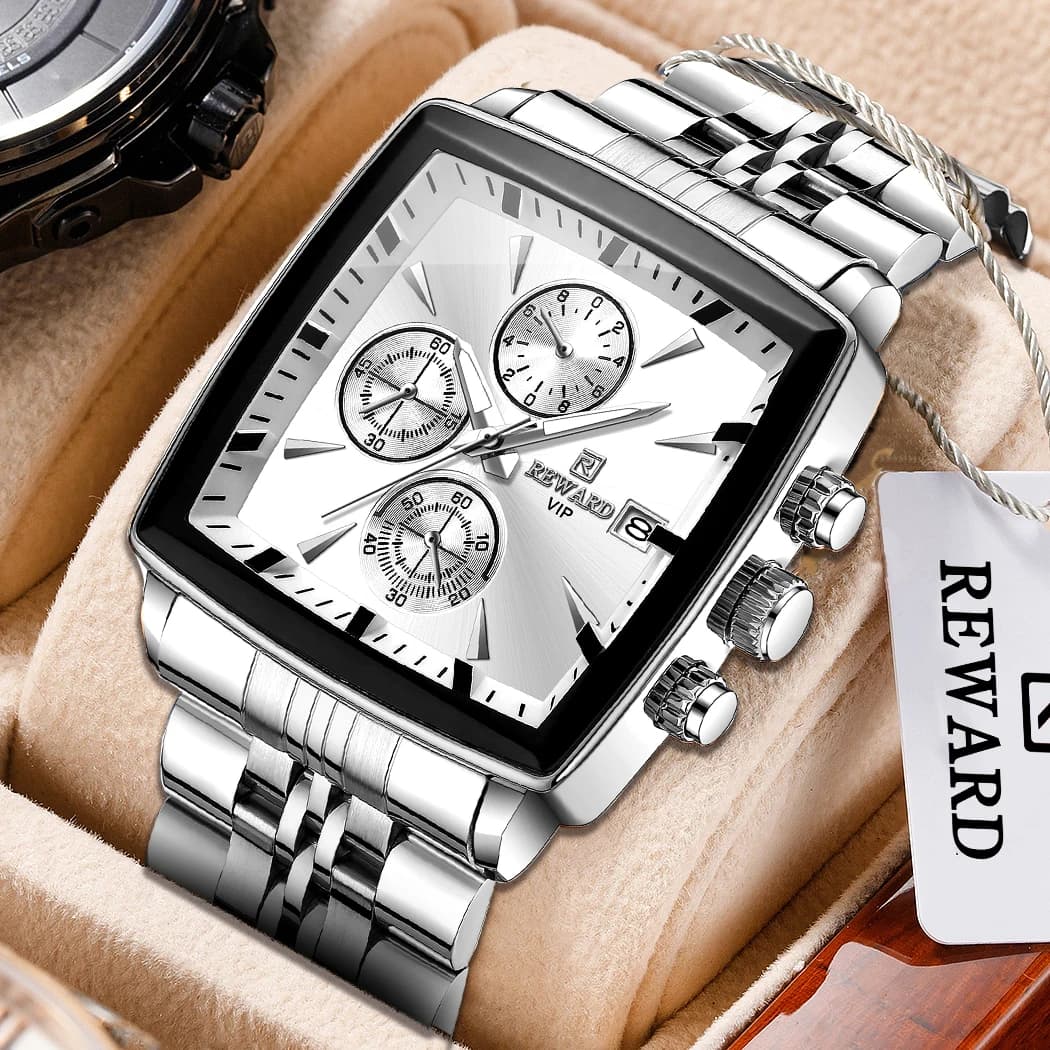 REWARD Quartz Watches Men Silver Luxury Wristwatches Luminous Hands Waterproof Male's Clock Business Watch