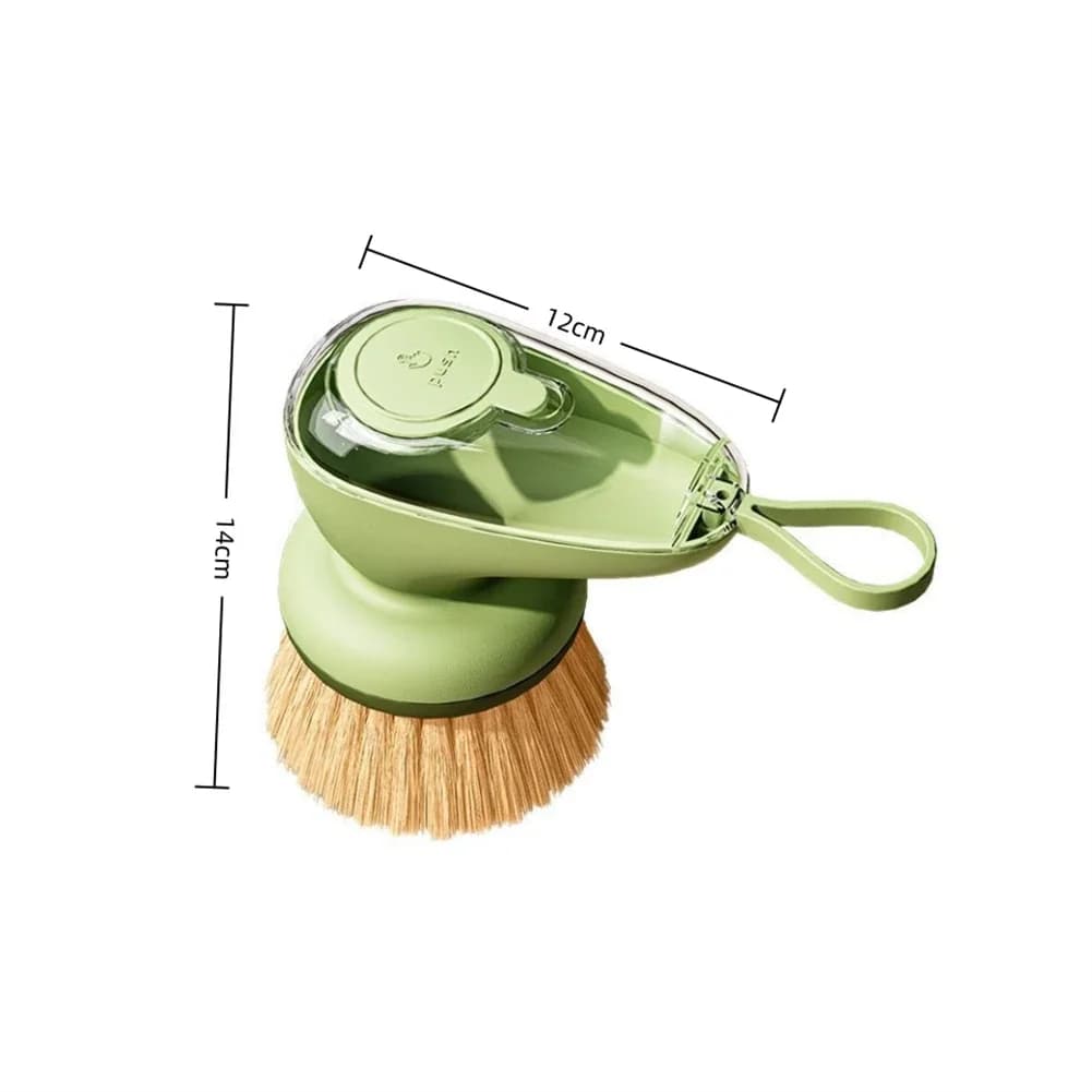 Spazzola per pulizia verde da 1 pezzo Questa innovativa spazzola per piatti presenta un dispenser di sapone incorporato progettato con una impugnatura per il palmo rivestita in TPR