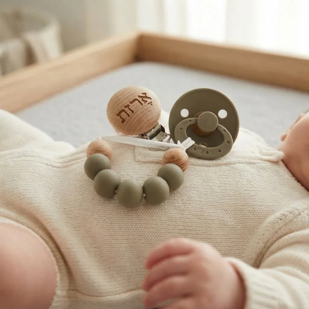 Newborn Silicone Hebrew Monochrome Bead Wood Personalized Pacifier Clip Name Wooden Beads Teether Pacifier Holder Chain Gift