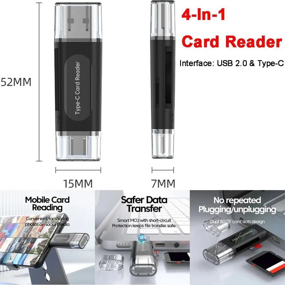USB 2.0 Interface 4-In-1 Card Reader Plug And Play Dual Card Slot USB Type-C OTG Adapter High Speed Memory Card Reader