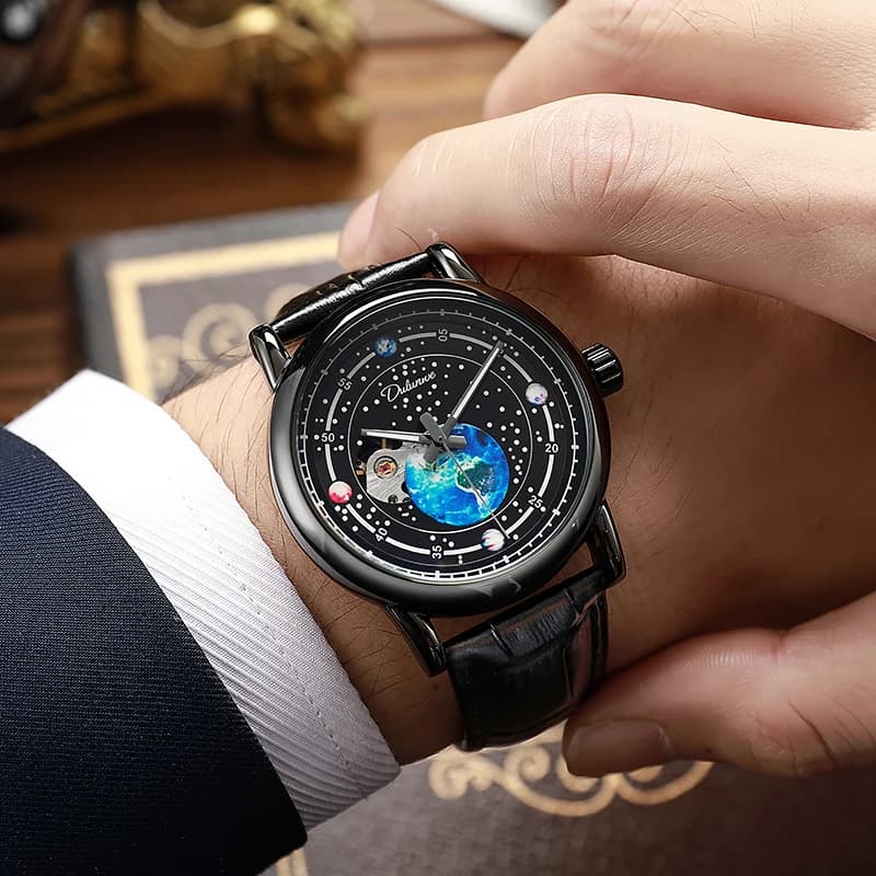 Dulunwe sky starry fashionable leather strap with casual design luxury men's watches luxury mechanical skeleton watch from the best brands