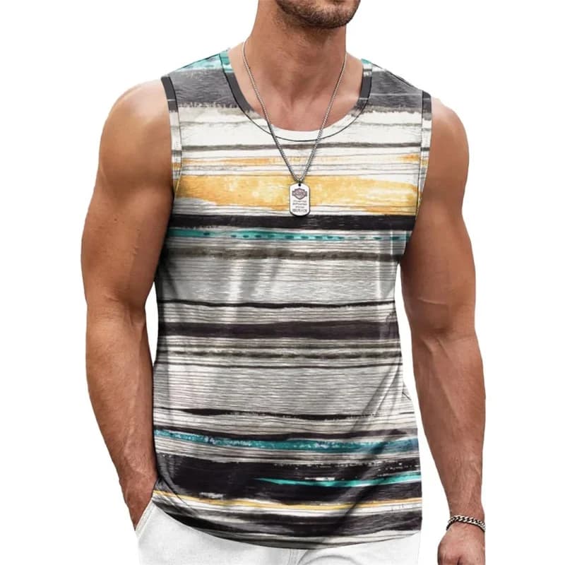 Canotte a righe colorate stampate in 3D per uomo Canottiere con motivo alla moda a blocchi di colore Canottiera casual estiva Canottiera sportiva da strada allentata