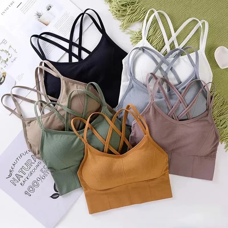 Top sexy da donna con spalline incrociate sul retro, reggiseno sportivo push-up, traspirante, morbido, per fitness, yoga, tinta unita.