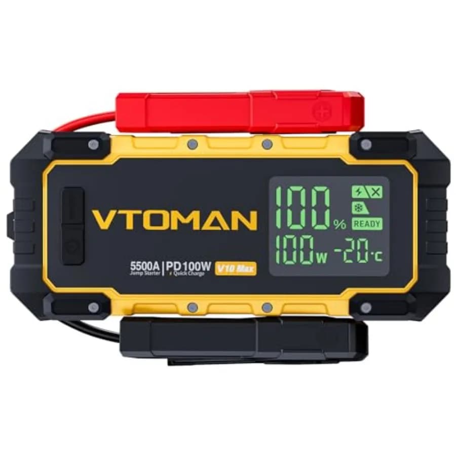 Avviatore di emergenza portatile 12V per motori a benzina/diesel, scocca in plastica ABS nera, corrente di picco 5500A con ricarica rapida USB-C da 100W
