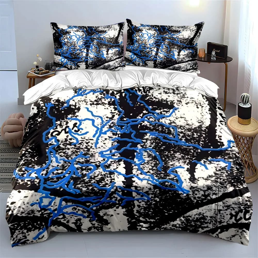 Set di biancheria da letto astratta Blue Line da 3 pezzi, copripiumino con stampa a schizzi in bianco e nero + 2 federe, decorazioni moderne
