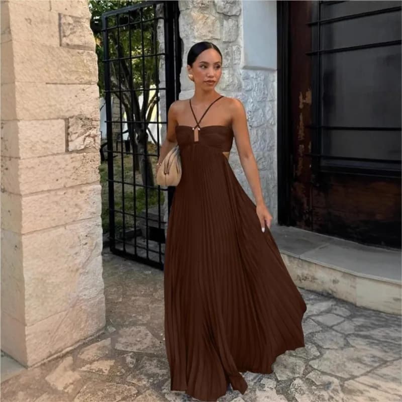 Abito lungo pieghettato cavo senza schienale sexy da donna con spalle scoperte Beach Halter A-line Robes Festa di compleanno Abiti senza spalline con nastro