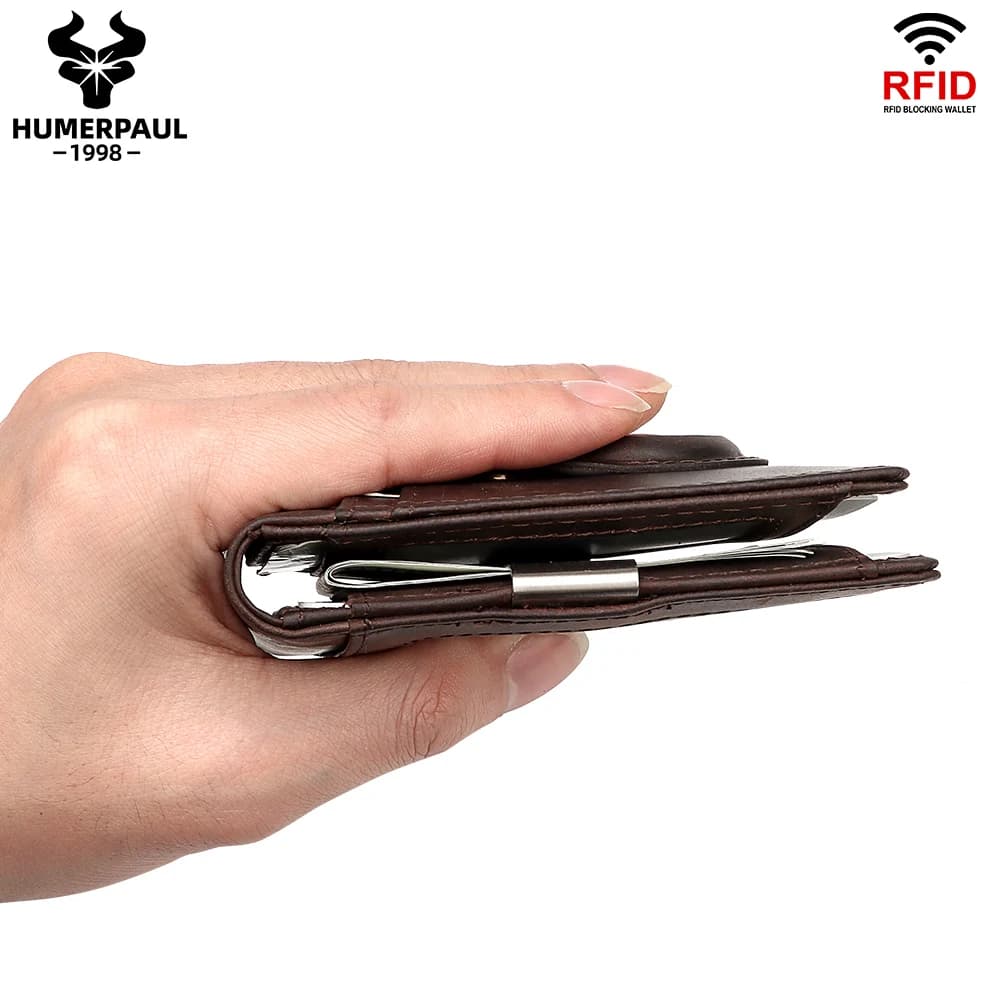 Portafoglio con Fermasoldi in Vera Pelle per Uomo, Blocco RFID, Sottile, Bifold, Minimalista, Porta Carte, Tasca Frontale per Contanti