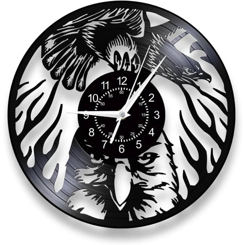 Decorazione da parete con orologio da parete con aquila calva della fauna selvatica, orologio da parete con disco in vinile con aquila silenziosa decorativa moderna per la camera da letto del soggiorno della grotta dell'uomo