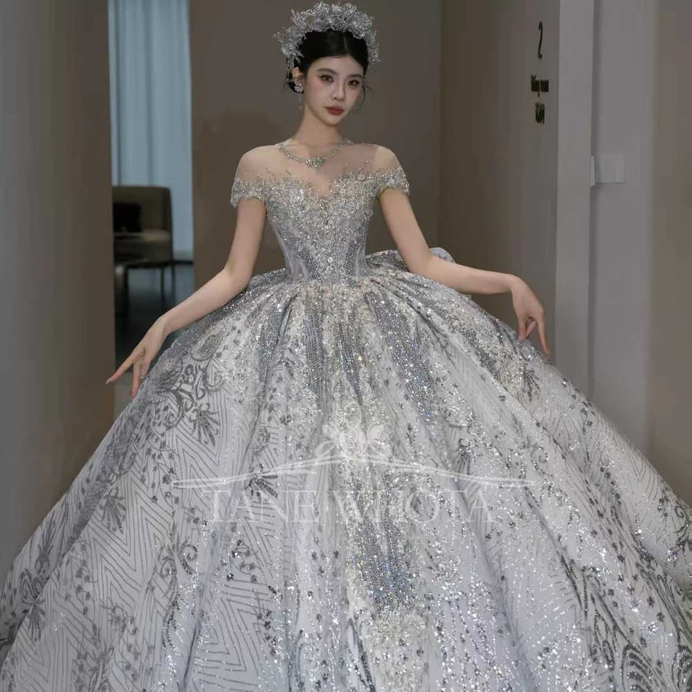 Vestidos Noivas O-Neck Short Sleeve Beading Embroidery Sequined 2025 High Quality Luxury Wedding Dress Customized
