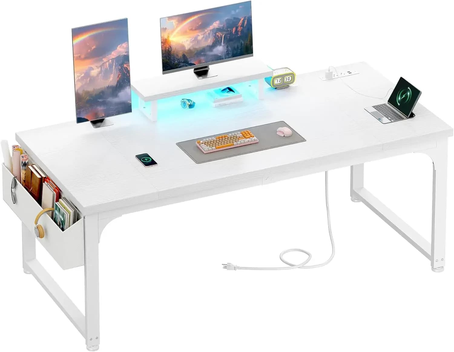 63 Inch Computer Desk with Monitor Stand & 0.95 inch Thicker Desktop,Gaming Desk with Power Outlets & LED Light,White Writing De