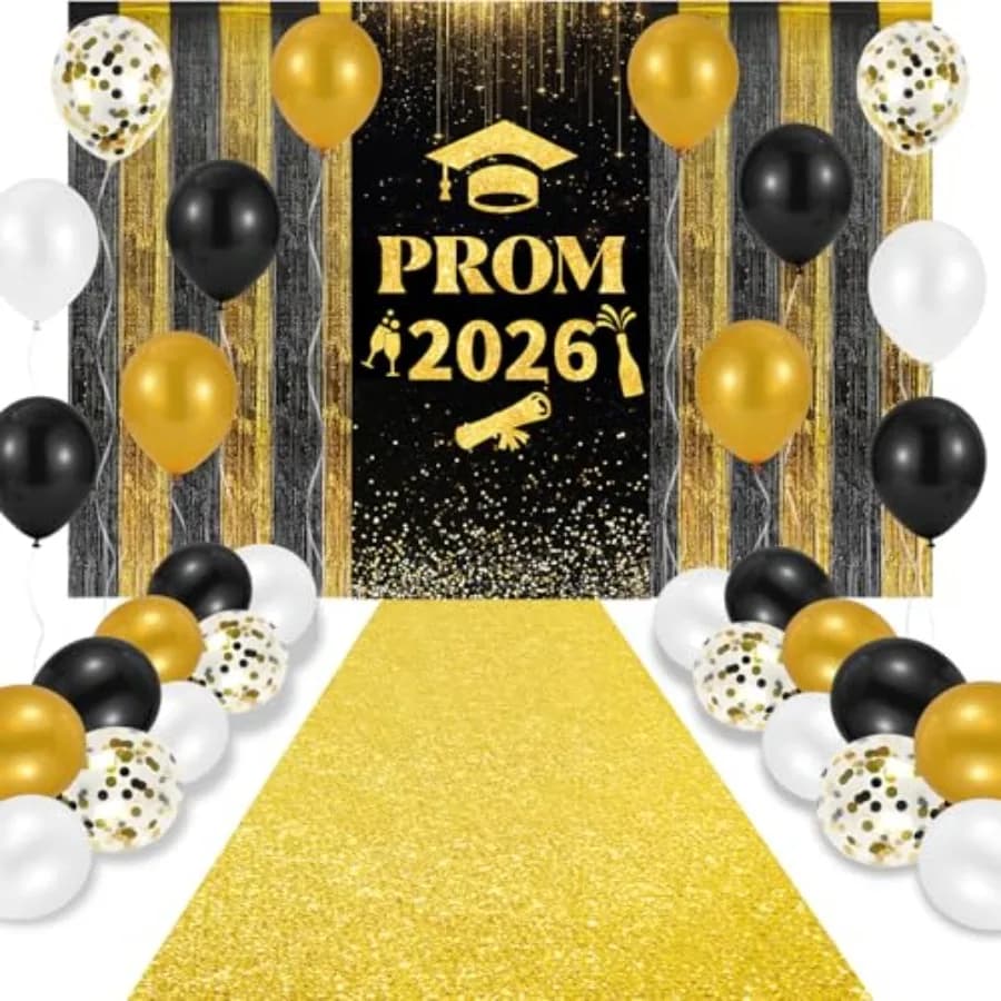 Prom 2026 Party Decorations Set, 5 x 2ft Glitter Carpet Runner Runway Rug Prom 2026 Door Banner Tinsel Foil Fringe Curtains Bal