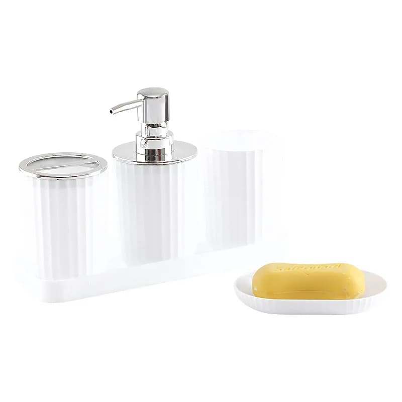 5pcs Vertical Strip Plastic Bamboo Bathroom Accessory 5 Piece Set Soap Dispenser Toothbrush Cup Tray Organizer