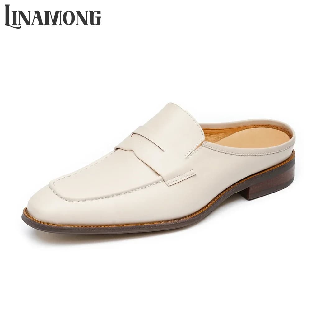 Mocassini in Pelle Beige con Punta Chiusa, Scarpe Basse in Vera Pelle, Stile Classico Elegante, Ciabatte da Uomo in Vera Pelle